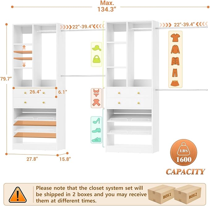 Besiost Closet System, Up to 134"/11.2 FT Closet Organizer with 4 Wooden Drawers and Shelves, Walk-in Closet System with 6 Hanging Rods, Built-in Closet Can Fit 96"/8FT, 120"/10FT, White Set 2
