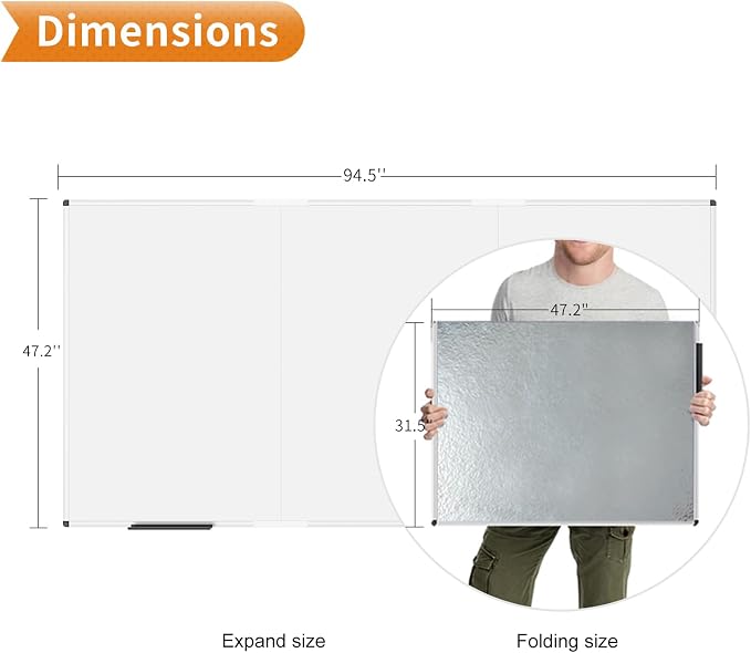 VIZ-PRO Large Magnetic Whiteboard, 96 x 48 Inches, Foldable Dry Erase Board | 8' x 4' Wall Mounted White Board for School Office and Home