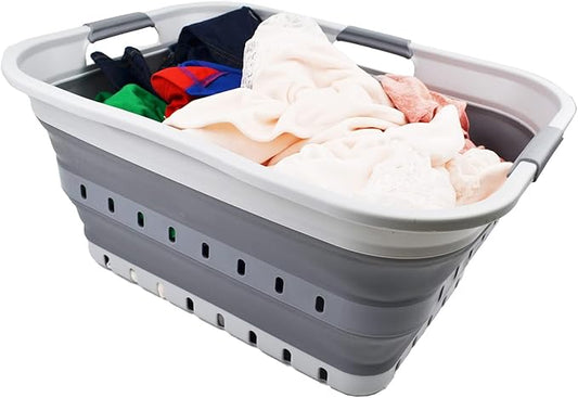 SAMMART 42 (11 Gallons) Collapsible Plastic Laundry Basket, Foldable Pop Up Storage Container/Organizer, Space Saving Hamper, Portable Bin for Dorm Room Bathroom (1, Grey)