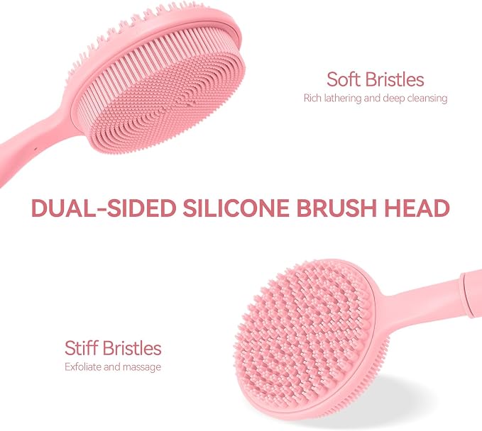 Back Scrubber for Shower, (16-24 Inch) Extendable Bath Brush Long Handle for Shower, Silicone Body Scrubber with Handle, Back Brush for Shower Men and Women,Easy to Clean (Pink)