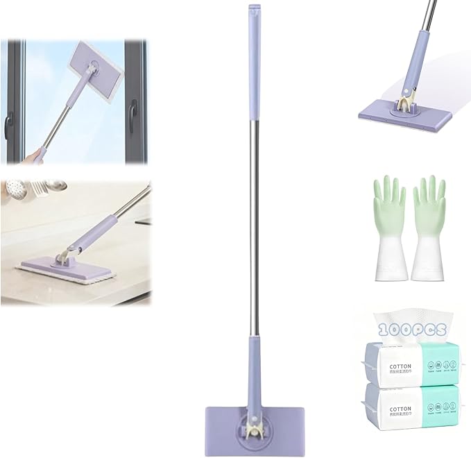 Snap Grip Mini Mop, Cloth Changing Mini Mop for Dry & Wet Disposable Pads, Lazy mopa automatic gripping with Sweeping & Mopping, Long Handle Disposable Dust Mop for Hardwood, Tile, Small Space(Purple)