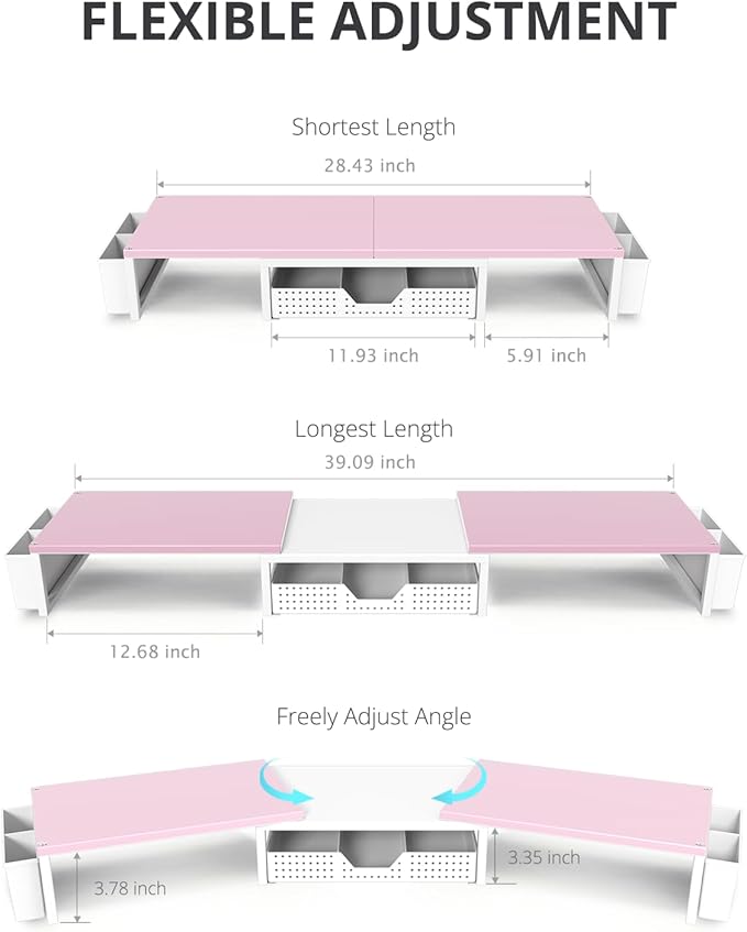 OPNICE Desk Organizers and Accessories, Dual Monitor Stand Riser with Drawer and 2 Pen Holders, Desk Shelf Computer Racks for Office Workspace Organizers, Desktop Organization (Pink-White)