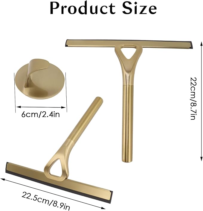 8.9x8.7inch Gold Shower Squeegee Window Squeegee with Hanging Hook | Stainless Steel Glass Wiper Squeegeer Cleaning Tool for Clean Ceramic Tile,Shower Door, Mirror,Window,Car Glass,Table Top