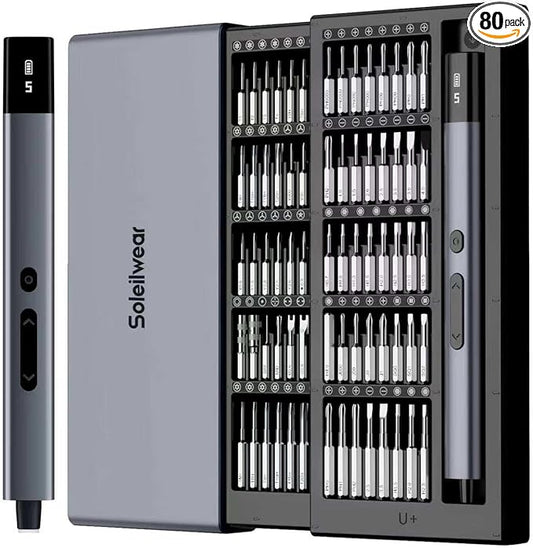 Soleilwear Electric Precision Screwdriver, 80pcs Mini Electric Screwdriver | 80 Magnetic Bits, Max 0.75N.m Torque with 5 Torque Levels, Precision Repair Tool Kit for Electronics Phone Camera Watch