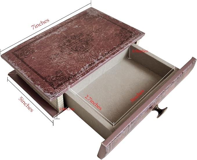 Book Storage Box with Drawer, Distressed Reddish Brown Faux Leather Cover with Classic Damask Pattern, Hidden Vintage-Style Organizer for Jewelry or Keepsakes, 7″ x 5″ x 1.6″