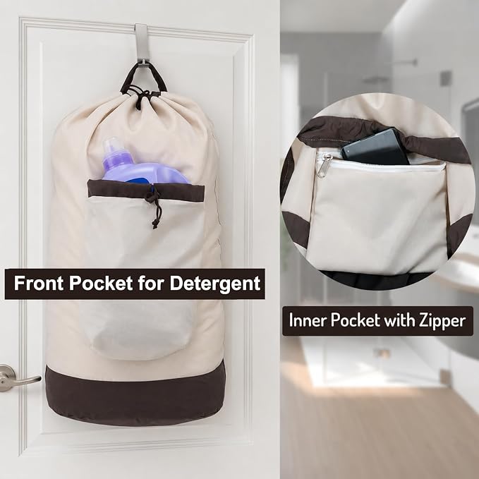 Seiritex Laundry Bag Backpack with Shoulder Straps and Detergent Holder Clothes, Travel Laundry Backpack Bag Hamper for College (Khaki w Brown)
