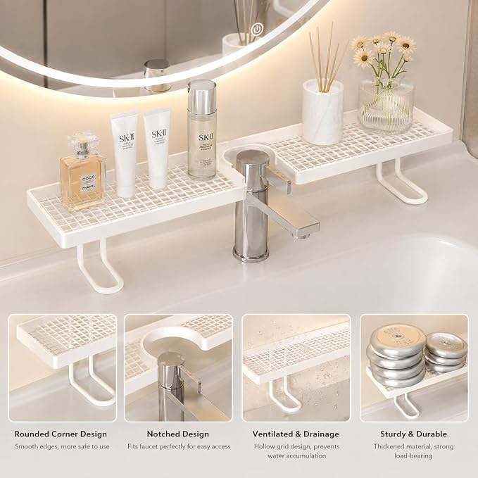 Bathroom Sink Shelf Over Faucet, Over Bathroom Sink Shelf Organizer, No-Drill Faucet Storage Rack, Behind Faucet Storage Shelf for Bathroom Counter Organization (White, L:23.6in)