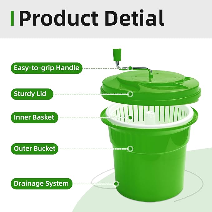 5 Gallon Commercial Salad Spinner and Dryer | Large Manual Vegetable Washer & Greens Dryer with Drain Tube, Heavy-Duty & FDA Listed for Restaurant, Home, Farm Use