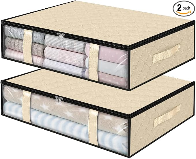 StorageRight Under Bed Storage Bags, 2 Pack, 40L, Beige | Breathable Non-Woven Fabric with a Clear Window and Zippered Top for Clothes, Comforters, Blankets and Seasonal Storage