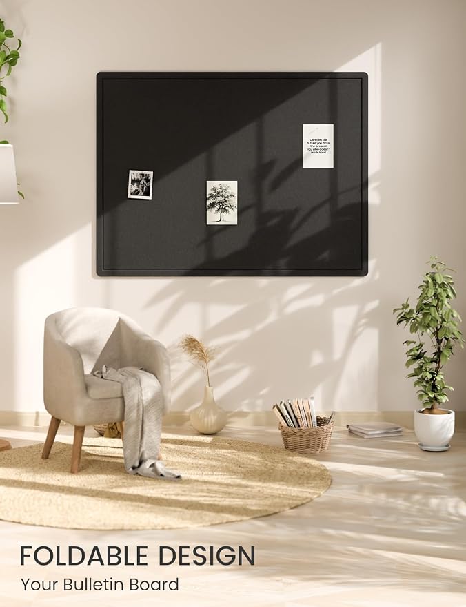 Fluxynara 47.2" x 35.4" Large Bulletin Board, Black | Cork Board Alternative with 24 Removable Adhesive Tabs, Foldable Felt Pin Board for Home, Office, Classroom & Dorm