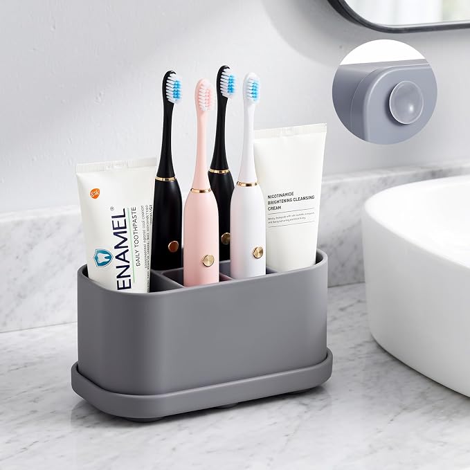 Luxspire Toothbrush Holders for Bathrooms, Silicone, 5 Slots, Gray | Toothbrush Organizer with Suction Cup Tray, Toothbrush Holder with Drainage for Bathroom Countertop
