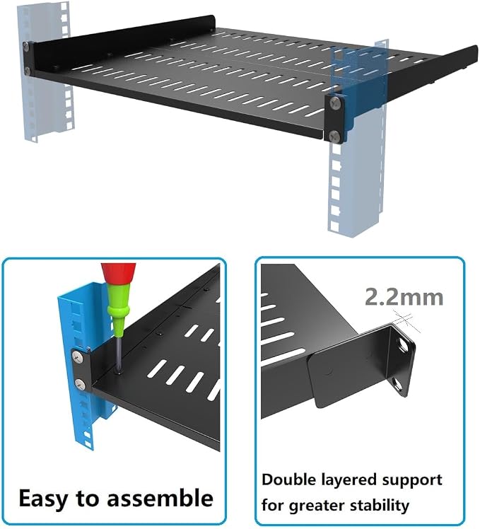 1U Vented Server Rack Shelf Depth Adjustable 14-17", 2 PCS | Metal Cantilever Server Rack Mount Tray for 19 inch Networking Equipments Rack Cabinet, Black (1U14In2PCS)
