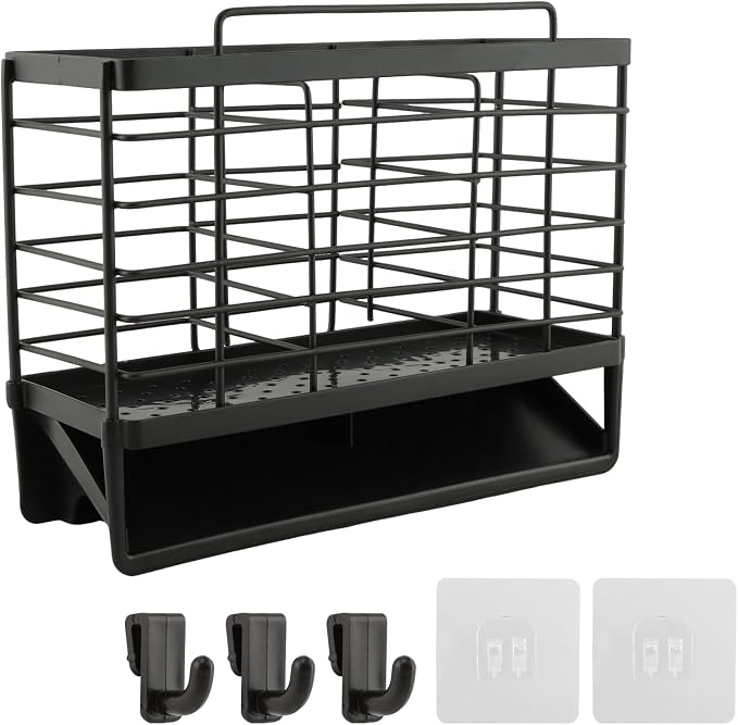 3-Compartment Dish Drying Rack for Kitchen, Carbon Steel Utensil Holder with Drain Tray, Utensil Caddy Organizer for Knives, Forks, Spoons, Chopsticks, Wall Mount or Countertop(COLOR:Black)