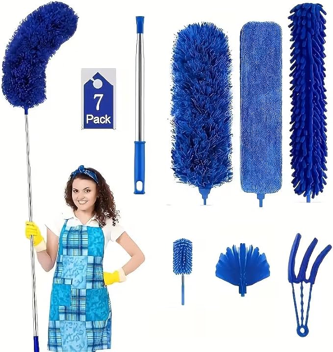 Microfiber Duster, 8PCS Feather Duster with 100 Inch Telescoping Extension Pole, Reusable Bendable Dusters, Washable Lightweight Dusters for High Ceiling, Fan, Blinds, Window, Corners, Blue