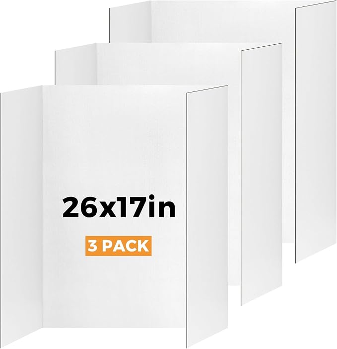 Small Trifold Poster Board 26" x 17", White Science Fair Display Boards | 3 Pack, Thickened Corrugated Cardboard, Portable, for School Projects and Event Displays