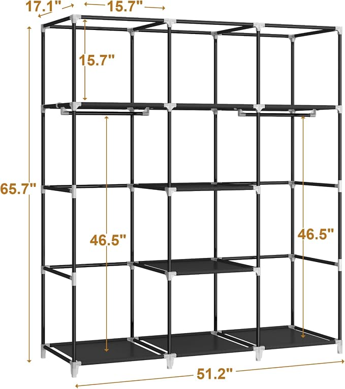 51" Portable Wardrobe Closet, Clothes Organizer, 8 Shelves 2 Rods, Black