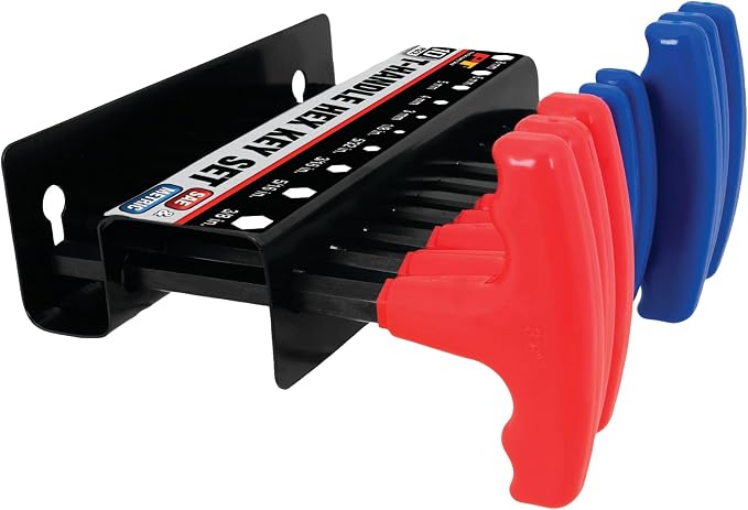 Performance Tool W80277 10-Piece SAE and Metric T-Handle Hex Key Set | Long arm Allen wrench set. High visibility PVC handles. Heat treated alloy steel. Includes wall mount storage tray