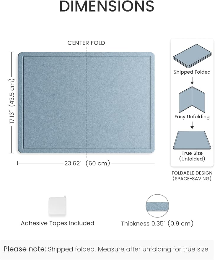 Fluxynara 23.6" x 17.1" Bulletin Board, Dusty Blue | Cork Board Alternative with 12 Removable Adhesive Tabs, Foldable Felt Pin Board for Home, Office, Classroom & Dorm