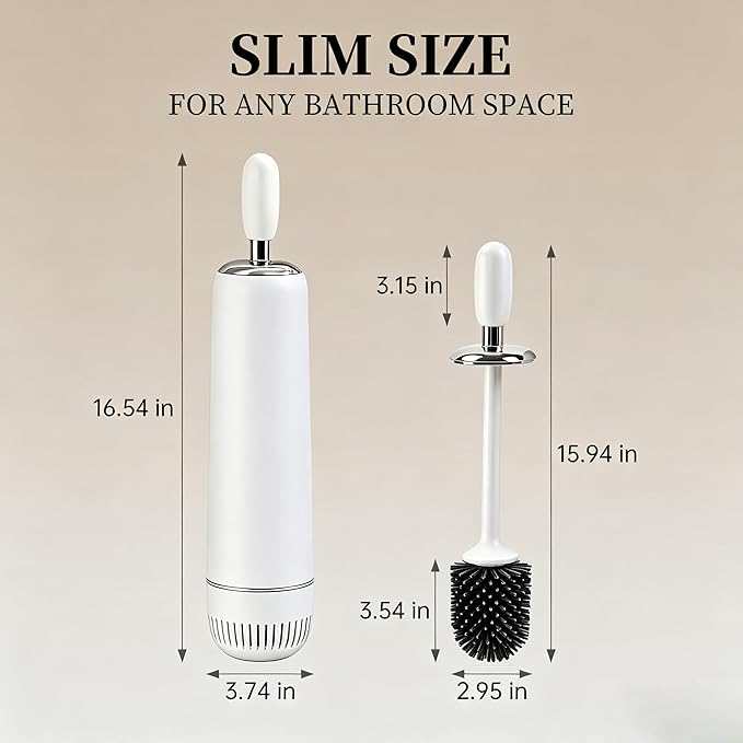 Toilet Bowl Brush and Holder Set, Plunger and Brush Set with Long Handle, High-End Modern Silicone Toilet Brush Set, Non-Scratch, Odor-Free Design(Matte White + Silver, B)