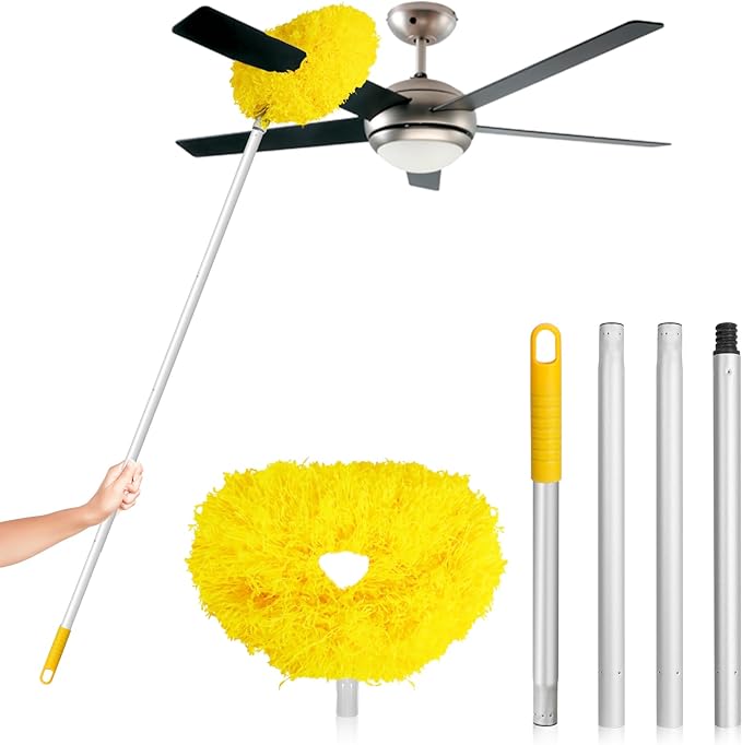 FONUNO Ceiling Fan Cleaner Duster High Ceiling Extended Fan Blade Cleaner | Reusable Microfiber Ceiling Fan Duster with Extension Handle from 13 to 50 Inch for Furniture Bookshelves Wall Door, Yellow