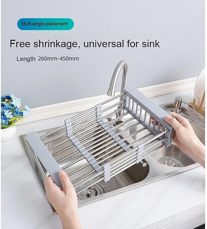 Adjustable Dish Drying Rack with Stainless Steel Drain Basket Over-The-Sink - Portable & Telescopic Space-Saving Solution for Fruit Vegetable