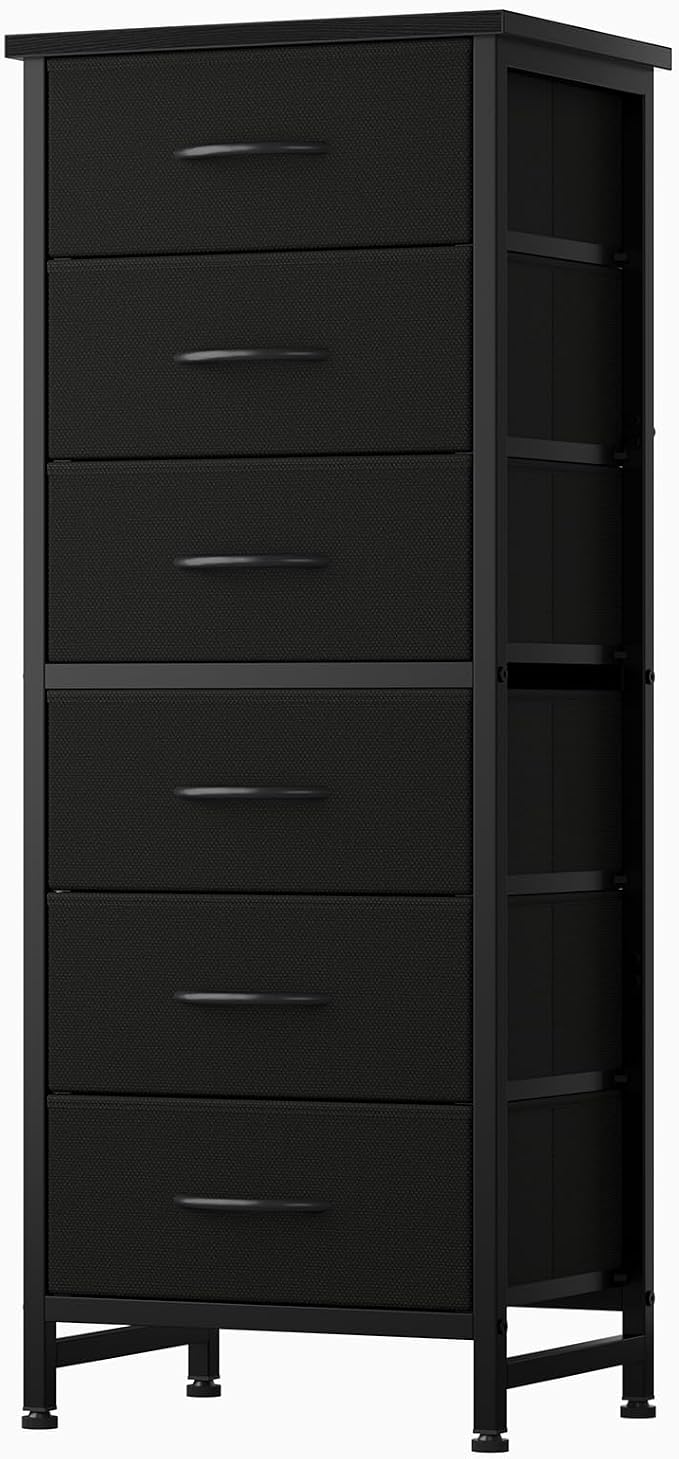 Sweetcrispy Tall Fabric Dresser for Bedroom, 6 Drawer Chest of Drawers | Narrow Storage Tower with Wood Top and Metal Frame, Vertical Nightstand for Closet, Bedroom Organization Furniture, Black