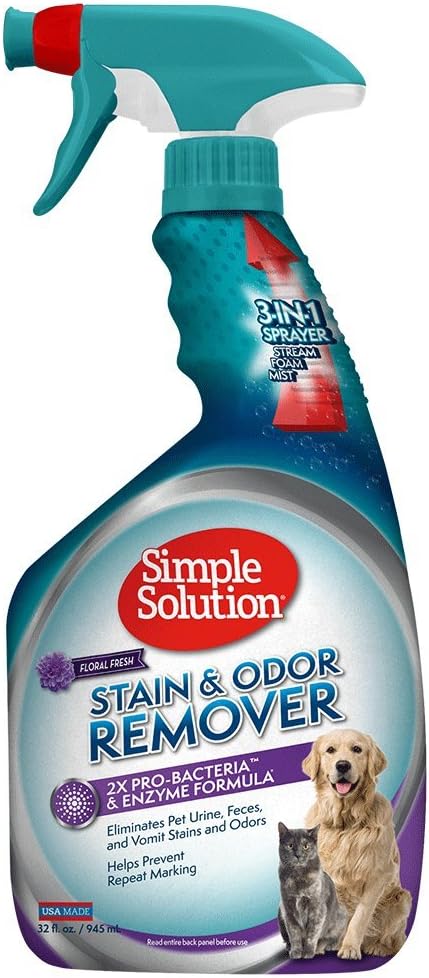 Simple Solution Pet Stain & Odor Remover, Enzyme Stain Cleaner, 32oz | Dog Stain & Odor Remover, Pet Urine Enzyme Cleaner, Dog Urine Carpet Cleaner, Pet Odor Eliminator, Floral Fresh Scent