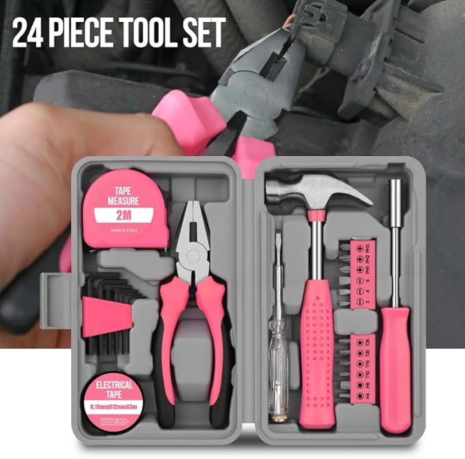 24Pcs Pink Home Repair Tool Kit for Women - Compact Mini Starter Hardware Set with Hammer, Pliers, Screwdrivers - Portable Household Hand Tools, Ideal Christmas & New Year Gift for Ladies