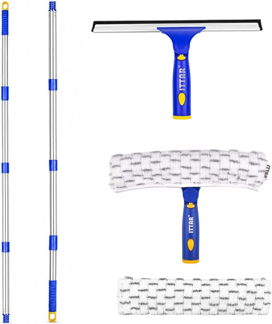 ITTAR Window Squeegee with 2 Sets Separate Pole, 12" Rubber Squeegee and 11" Microfiber Pads, 60"-73.6" Telescopic Window Cleaning Kit with Rotating Head for High Windows, Shower Glass, Car Windshield