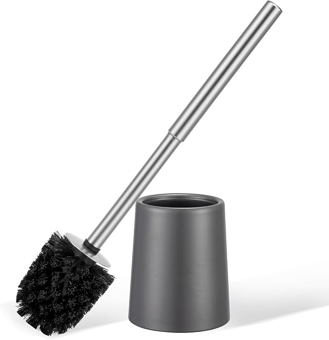 Toilet Brush and Holder Case and Stainless Steel Handle Toilet Cleaning Brush Double Layer Holder Long Brush Handle High Density Bristles Toilet Bowl Brushes Grey
