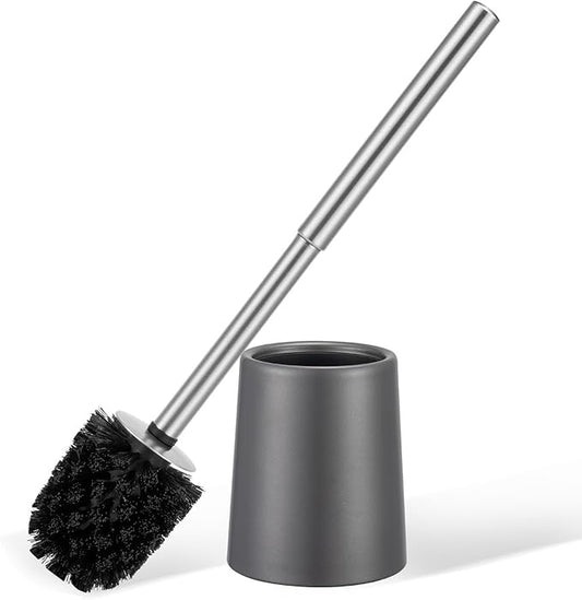 Toilet Brush and Holder Case and Stainless Steel Handle Toilet Cleaning Brush Double Layer Holder Long Brush Handle High Density Bristles Toilet Bowl Brushes Grey