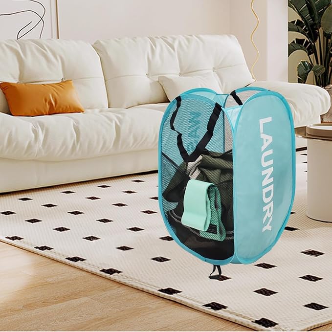 2Pcs Dirty Clothes Hampers for Laundry Foldable Mesh Pop Up Hampers | Collapsible Laundry Baskets Travel Cruise Hampers Blue Space Saving Easy to Carry for Laundry Room, College Dorms, Bedroom