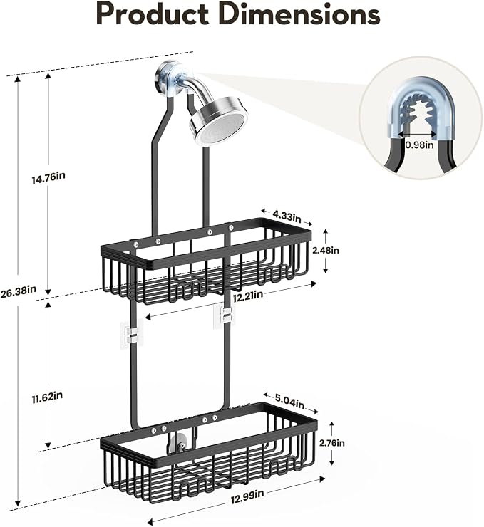 Shower Caddy Hanging, Never Rust Shower Organizer Hanging, Aluminum Shower Racks for Inside Shower with Hooks for Razor, Bathroom Organizers and Storage with Soap Holder, Black