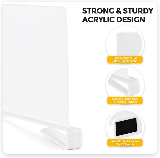 White Acrylic Shelf Dividers for Closets Organizer & Storage,12 Pack | Adjustable Vertical Wood Shelf Closet Separators, Keep Clean, for Clothes,Book,Bags, in Bedroom and Kitchen