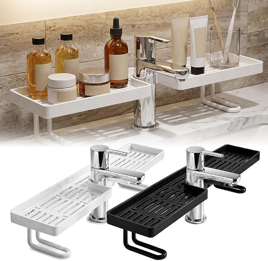 2026 New No-Drill Kitchen Sink Sponge Holder, Over-Faucet Storage Shelf with Drain Rack Organizer (Black+White)
