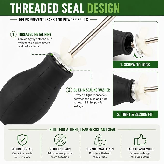 Diatomaceous Earth Powder Duster, 8 oz Bulb Applicator with 5–22 in Extendable Metal Nozzle, Threaded Leak-Resistant Seal, Powder Dispenser with Funnel and Scoop for Indoor, Outdoor and Garden Use
