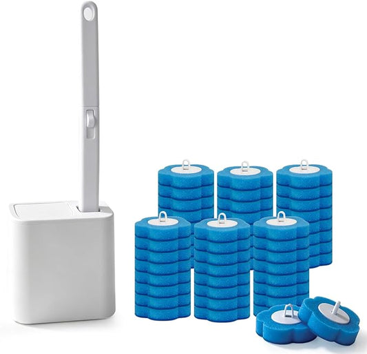 Disposable Toilet Brush Set with 48 Refills, Wall-Mount Holder, Space-Saver | Auto-Open/Close Lid Base provides a complete touch-free experience for cleaning the toilet while keeping your interior tidy