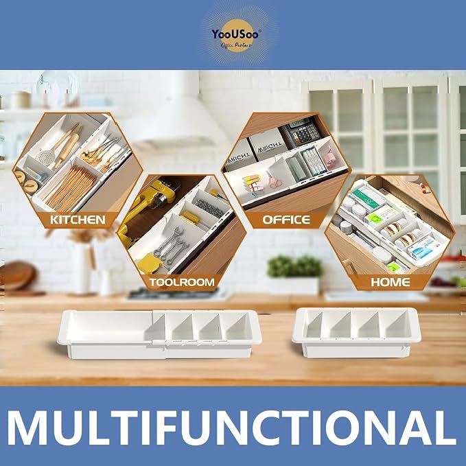 YOOUSOO Expandable Drawer Organizer, 2 PCS Adjustable Drawer Organizer Trays, Drawer Dividers Organizers and Storage For Office Supplies, Pens, Makeup,Utensils, Tools, Flatware and Junks, White | Drawer Dividers Organizers and Storage For Office Suppli...