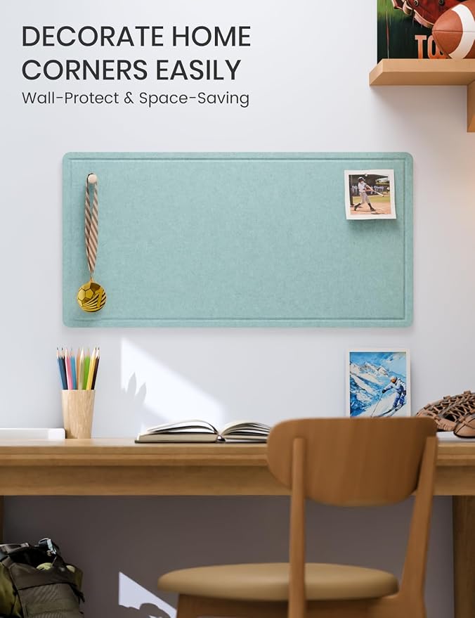 Fluxynara 35" x 17.1" Bulletin Board, Aqua Blue | Cork Board Alternative with 12 Removable Adhesive Tabs, Foldable Felt Pin Board for Home, Office, Classroom & Dorm