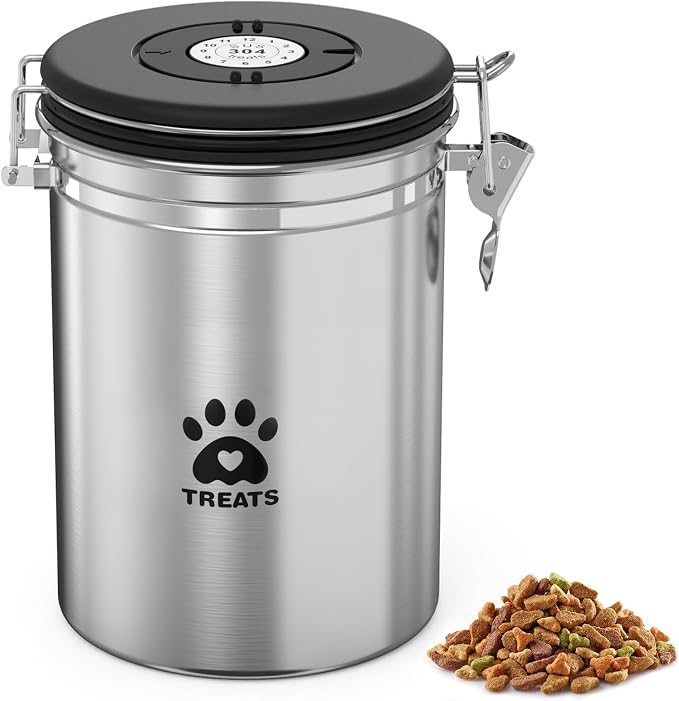 ENONCI Dog Treat Container Airtight,8.2"x5.9" Stainless Steel Cat Treat Jar for Kitchen Counter with Scoop, Pet Storage for Fresh Dog Cookie