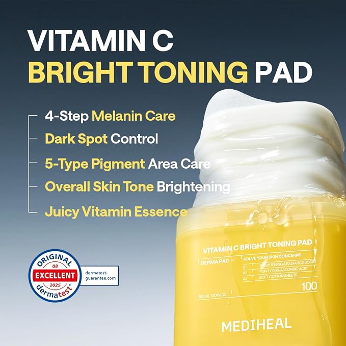 MEDIHEAL Vitamin C Bright Toning Toner Pads, Uneven Skin Toning (100 Count) | with Niacinamide, Glutathione | Dark Spot, Radiance, Skin Tone Care | Plastic-Free Vegan Pads | Korean Derma Toner Pads