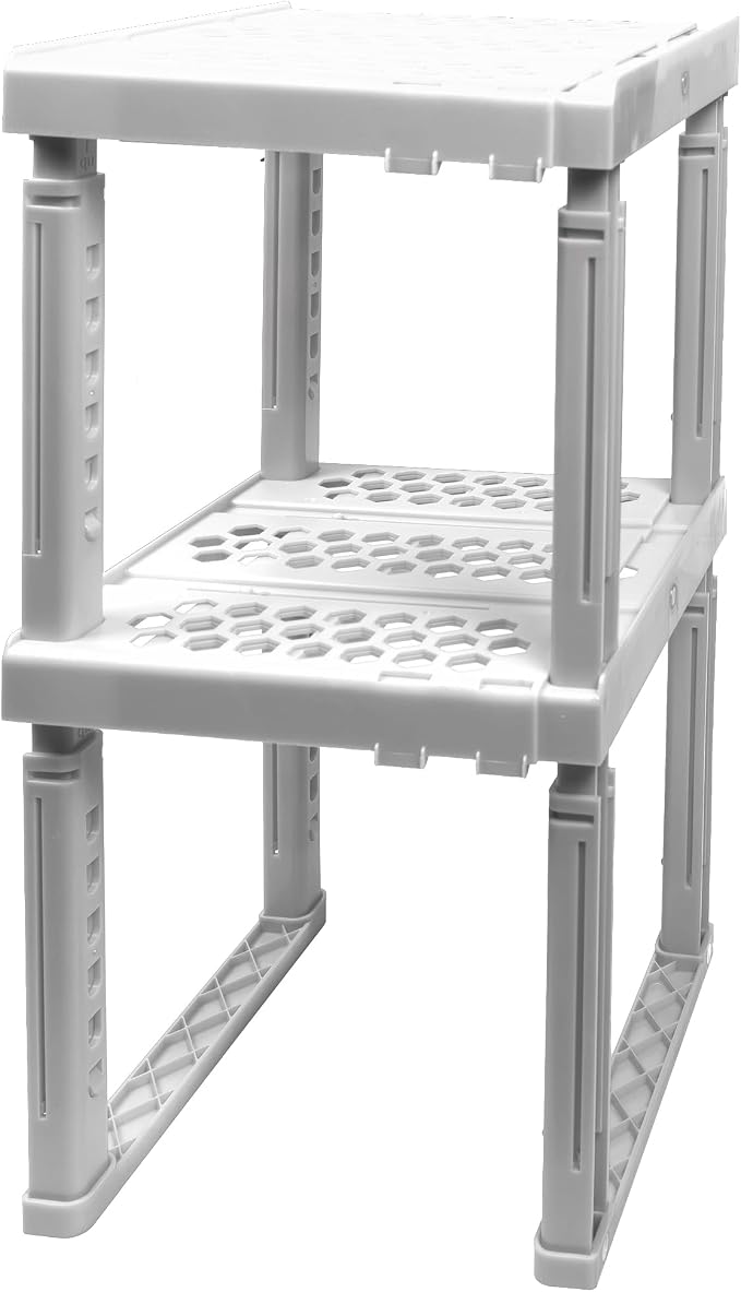 ABLinox Locker Organizer Shelf， Adjustable Width and Height, Stackable, Ideal Locker Shelf for School, Office, Gym Lockers, or Even Kitchen Cabinets & Under Sink Organization (White 2 Pack)