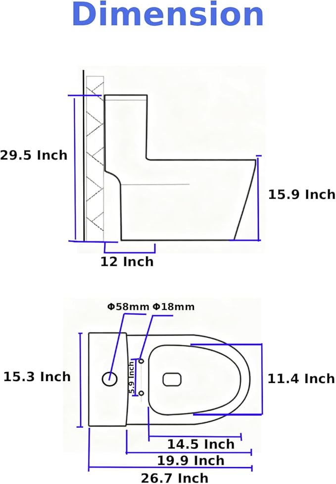 12'' Rough-in One Piece Toilet - High Efficiency Water Saving Ceramic Compact Toilets with 15.7" Soft Close Chair Seat 1.1/1.6 GPF Dual Flush Easy to Clean 15.3''x26.7''x29.4''