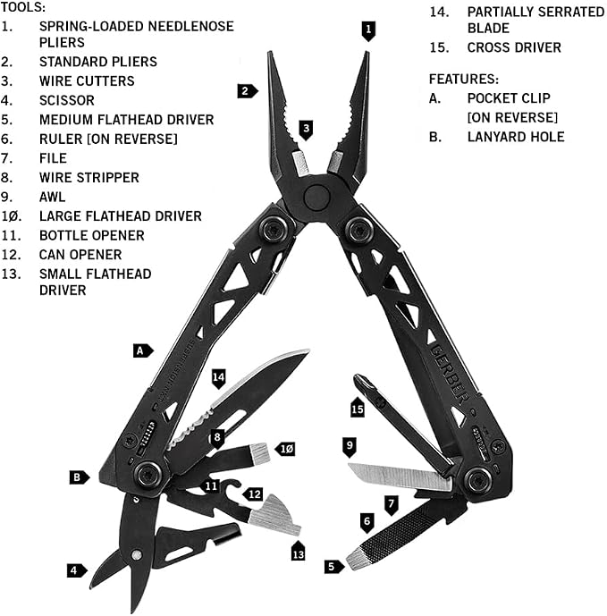 Gerber Suspension NXT 15-in-1 EDC Multitool, Pliers w/ Pocket Knife, Black | Needle nose pliers, wire stripper, 15 tools, camping/survival gear, EDC pocket clip, lightweight