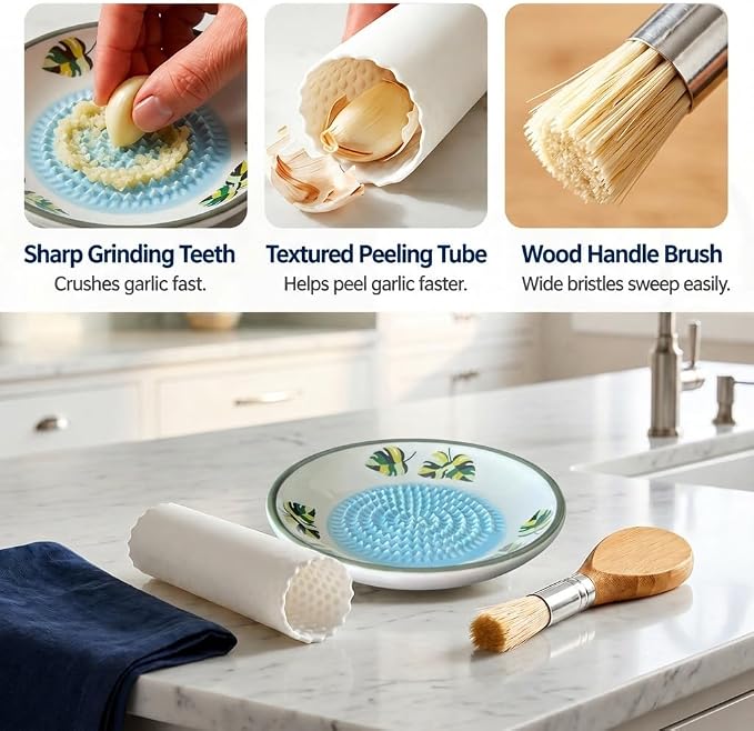 4.72" Handcrafted Ceramic Garlic Grater Plate Set - Handmade Porcelain Food Mincer with Wood Brush & Textured Silicone Peeler - Sage Green Tropical Palm Leaf Kitchen Gift