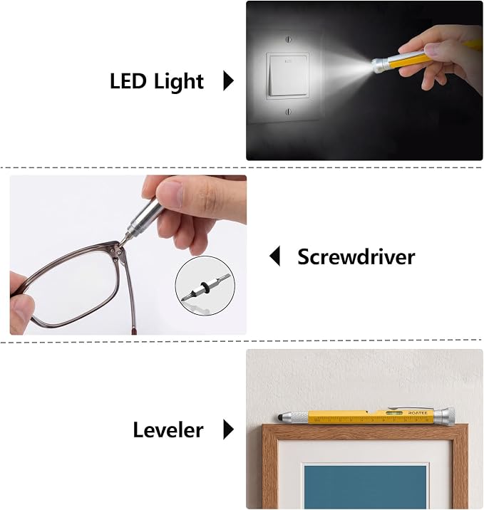 ROATEE Fathers Day for Men Multi Tool Pen 12 in 1 Cool Stuff Gadgets Gifts for Husband Birthday Personalized Gift for Dad Fidget Construction Pen with Small Screwdriver, Level, Ruler,Led Light,Yellow