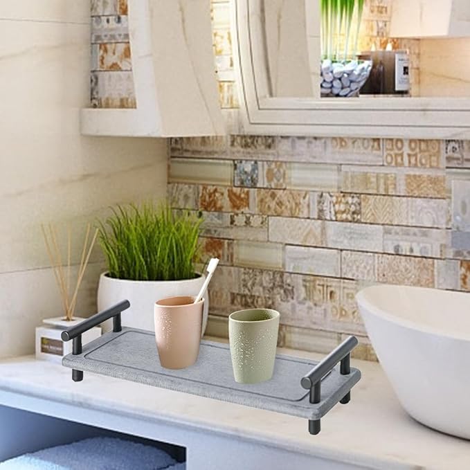 Instant Dry Sink Caddy Organizer,Diatomaceous Earth Bathroom Organizer with Handle Water Absorbing Stone Tray for Sink Water Absorbent Diatomite Coasters (S Gray Silver Handle)