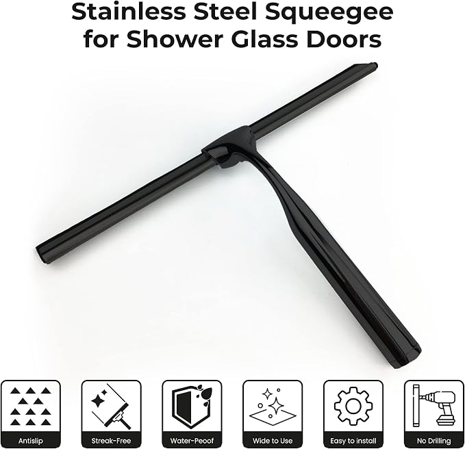 Matte Black Shower Squeegee for Glass Doors with Adhesive Hooks, Squeegee for Shower Glass, Cleaner Tool for Bathroom Household Window Mirror Tile Wall Car, 10 Inch Black