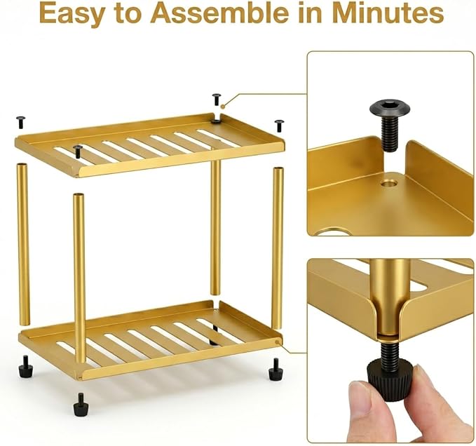 2 Tier Bathroom Counter Organizer, Rectangular Vanity Organizer Shelf, Skincare and Makeup Countertop Storage Rack for Kitchen, Bathroom, Bedroom (Gold)