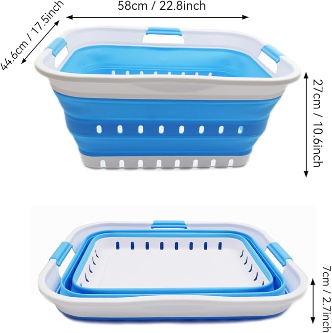 SAMMART 42L (11 gallon) Collapsible Plastic Laundry Basket - Foldable Pop Up Storage Container/Organizer - Portable Basket - Space Saving Hamper/Basket (2, White/Marine Blue)